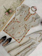 Mehrasa Zapan Satin Silk Thread & Sequins Embroidered Palazzo Set with Organza Dupatta