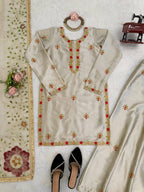 Mehrasa Zapan Satin Silk Thread & Sequins Embroidered Palazzo Set with Organza Dupatta