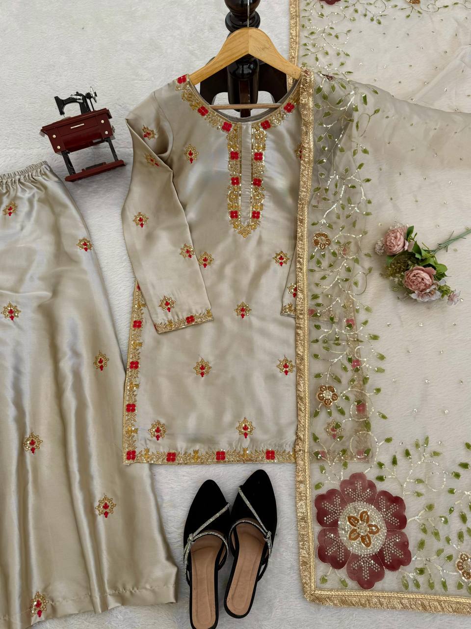 Mehrasa Zapan Satin Silk Thread & Sequins Embroidered Palazzo Set with Organza Dupatta
