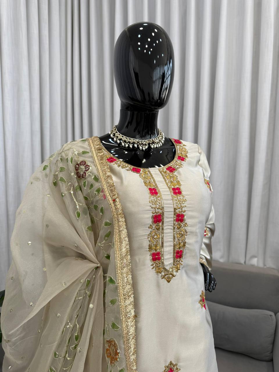 Mehrasa Zapan Satin Silk Thread & Sequins Embroidered Palazzo Set with Organza Dupatta
