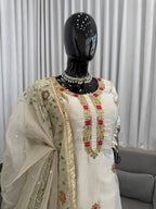 Mehrasa Zapan Satin Silk Thread & Sequins Embroidered Palazzo Set with Organza Dupatta