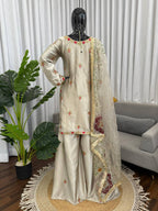 Mehrasa Zapan Satin Silk Thread & Sequins Embroidered Palazzo Set with Organza Dupatta