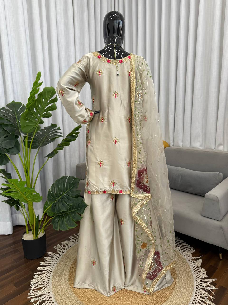 Mehrasa Zapan Satin Silk Thread & Sequins Embroidered Palazzo Set with Organza Dupatta
