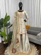 Mehrasa Zapan Satin Silk Thread & Sequins Embroidered Palazzo Set with Organza Dupatta