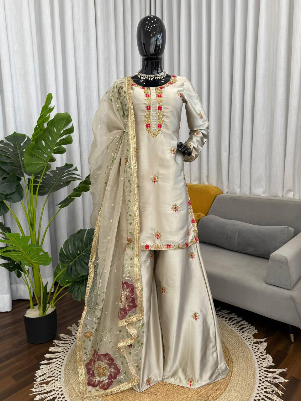 Mehrasa Zapan Satin Silk Thread & Sequins Embroidered Palazzo Set with Organza Dupatta