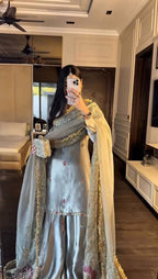 Mehrasa Zapan Satin Silk Thread & Sequins Embroidered Palazzo Set with Organza Dupatta