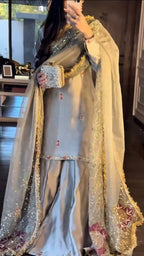 Mehrasa Zapan Satin Silk Thread & Sequins Embroidered Palazzo Set with Organza Dupatta