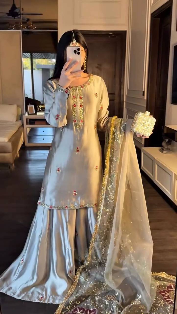 Mehrasa Zapan Satin Silk Thread & Sequins Embroidered Palazzo Set with Organza Dupatta