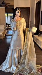 Mehrasa Zapan Satin Silk Thread & Sequins Embroidered Palazzo Set with Organza Dupatta