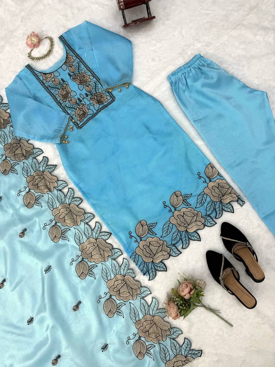 Vanshika JMC Silk Embroidered & Fancy Lace Suit Set with Pant & Dupatta