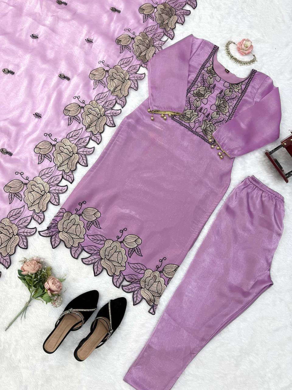 Vanshika JMC Silk Embroidered & Fancy Lace Suit Set with Pant & Dupatta