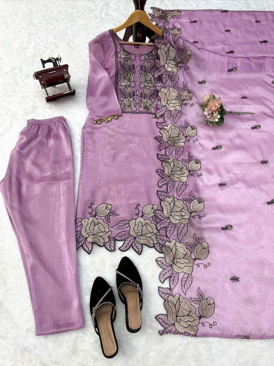 Vanshika JMC Silk Embroidered & Fancy Lace Suit Set with Pant & Dupatta