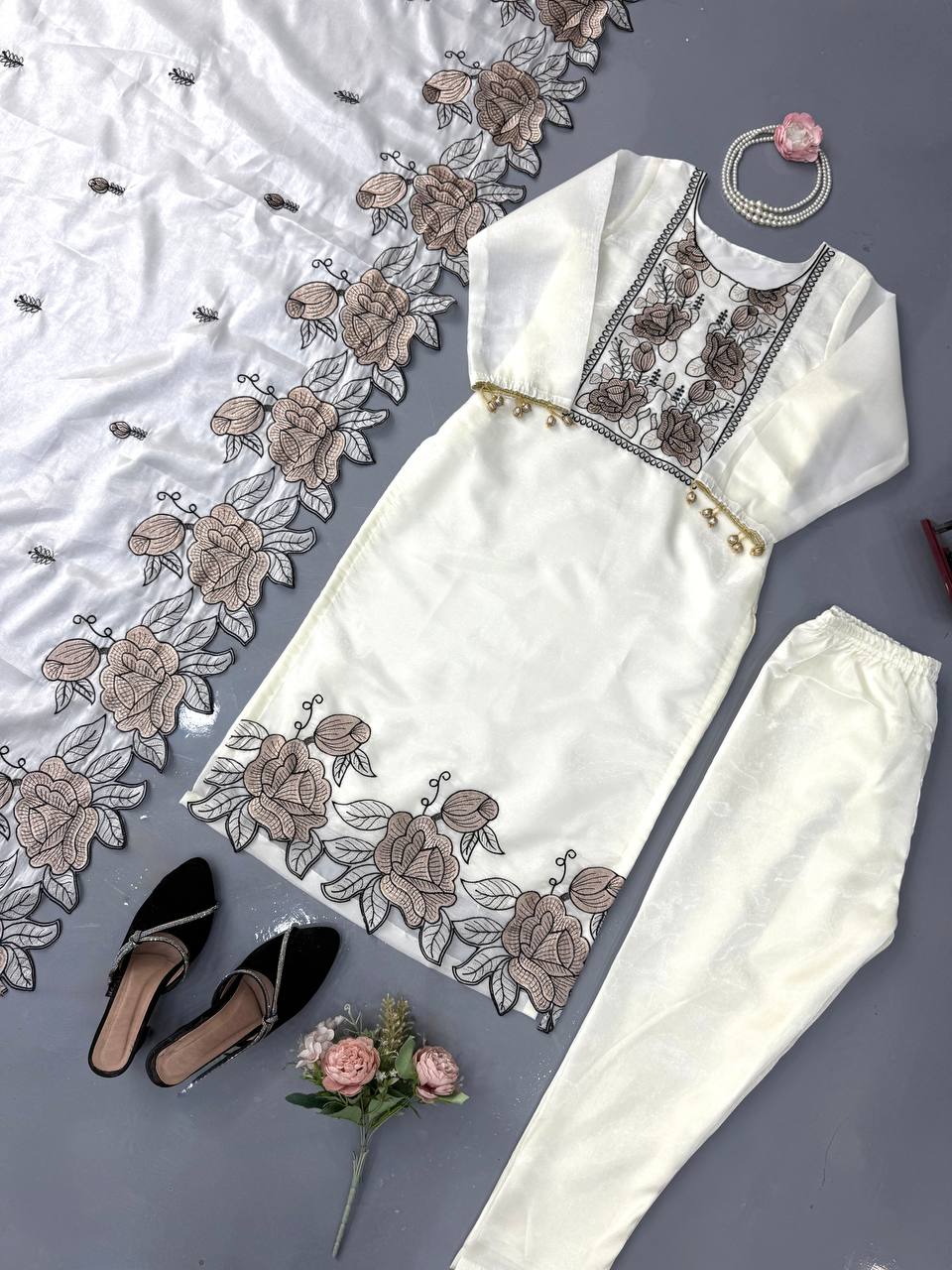 Vanshika JMC Silk Embroidered & Fancy Lace Suit Set with Pant & Dupatta