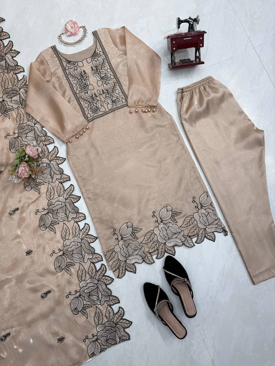 Vanshika JMC Silk Embroidered & Fancy Lace Suit Set with Pant & Dupatta