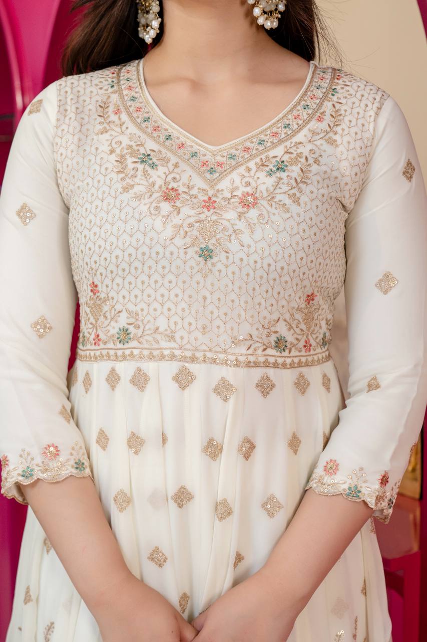 Zarlisha Blooming Sequins & Zari Embroidered Kurti with Pant & Lace Work Dupatta
