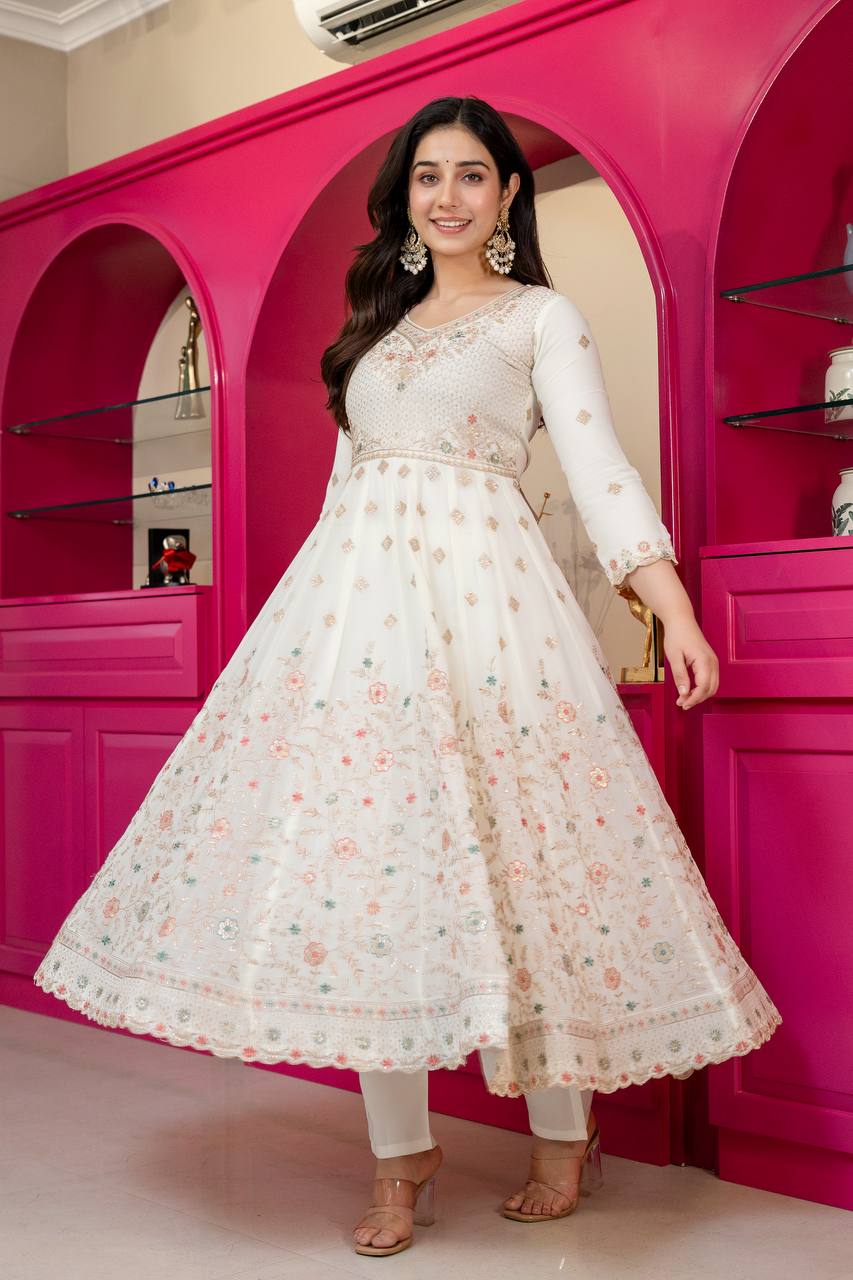 Zarlisha Blooming Sequins & Zari Embroidered Kurti with Pant & Lace Work Dupatta