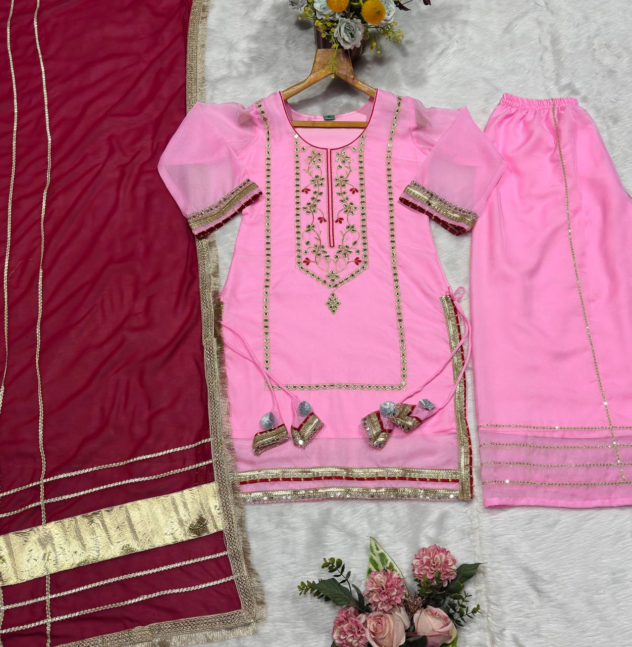 Gulbahaar Designer Sharara Set with Embroidered Sleeves & Dupatta