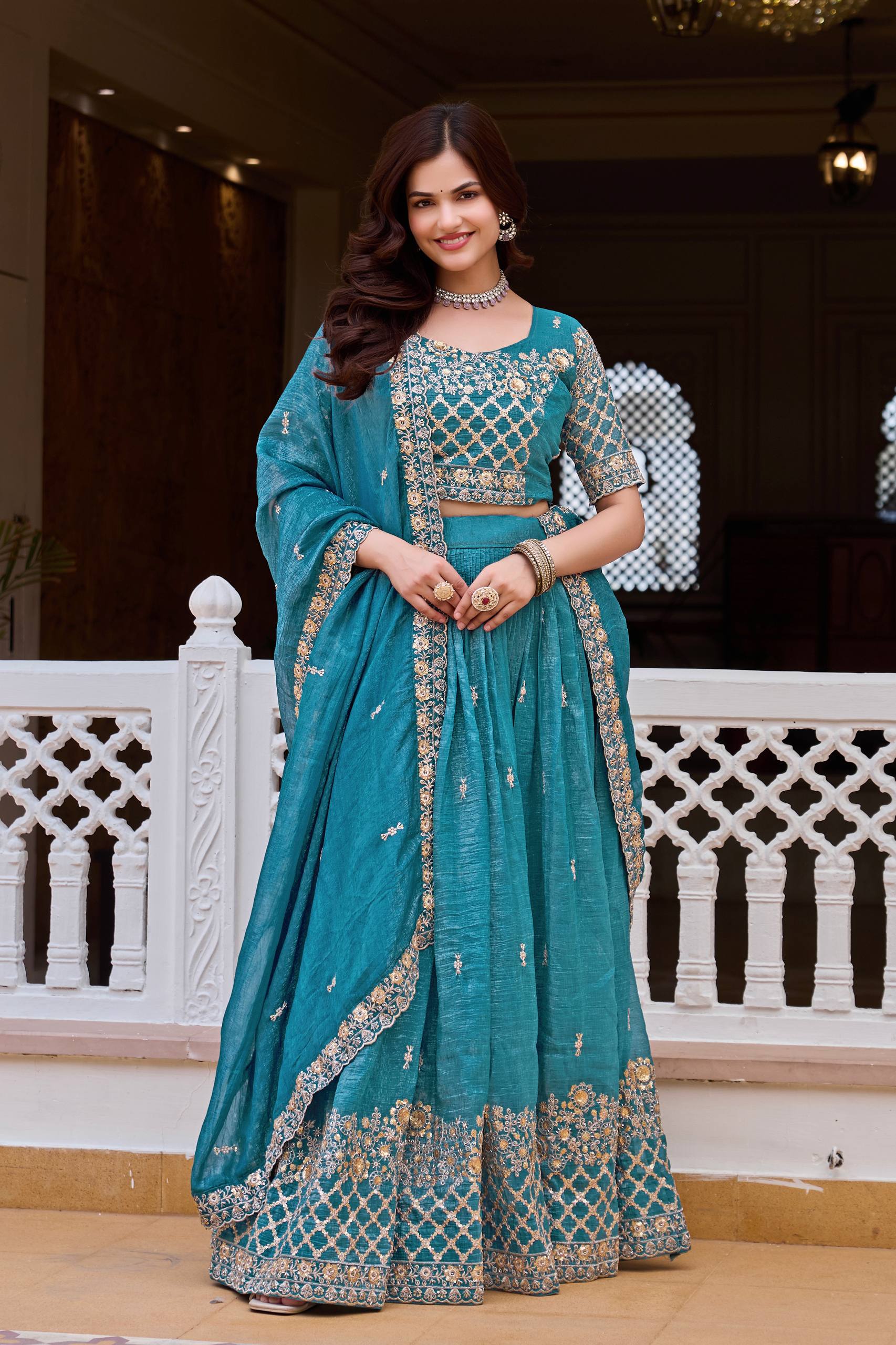 Rajvanshi Crunchy Silk Embroidered Lehenga Set with Choli & Dupatta