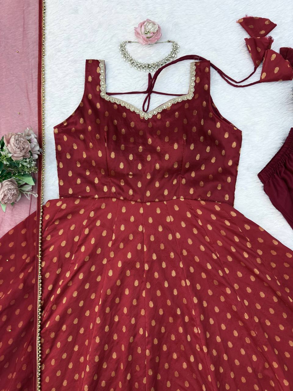 Pearlika Chanderi Jacquard Anarkali Set with Pearl Work Dupatta