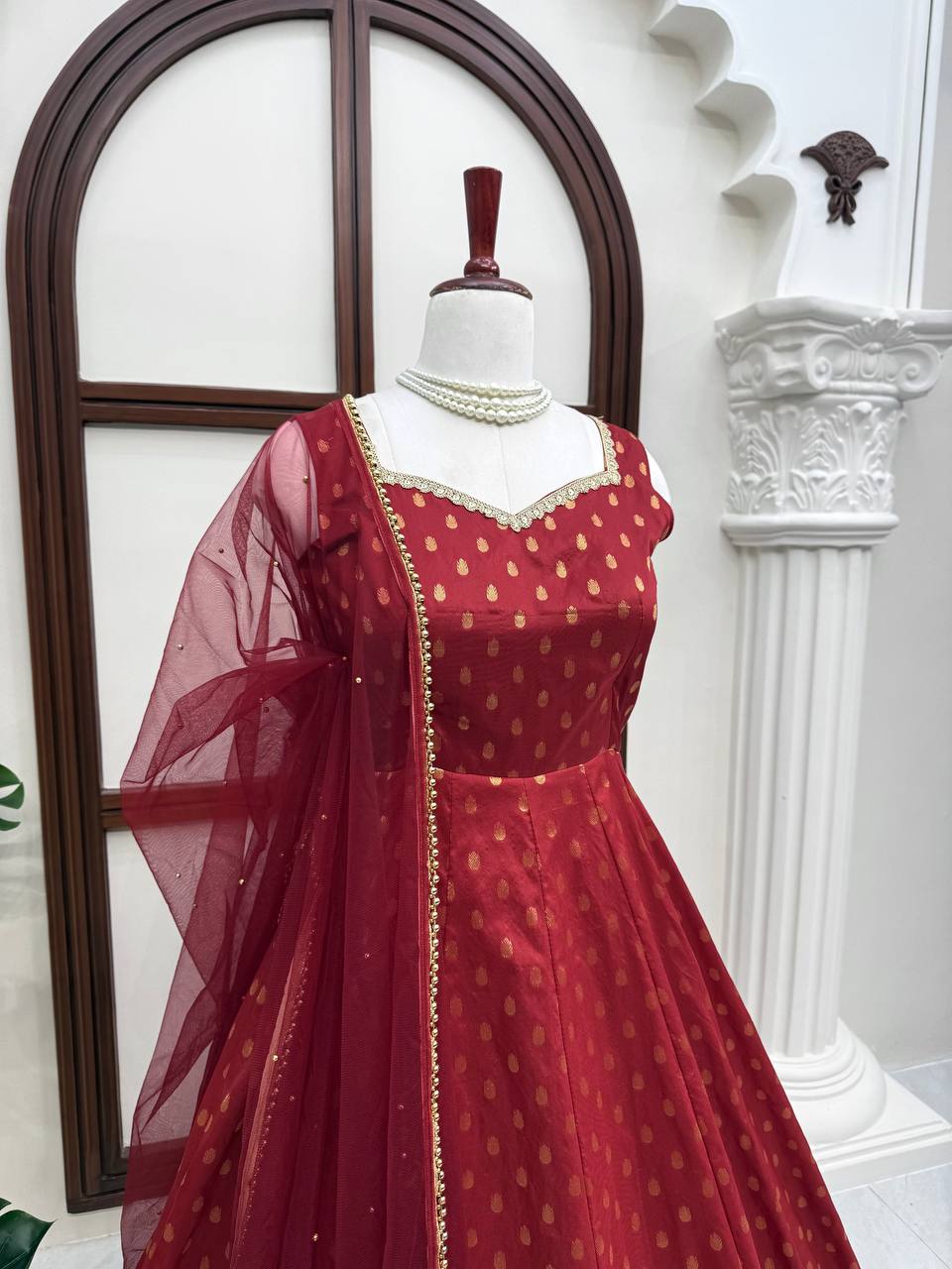 Pearlika Chanderi Jacquard Anarkali Set with Pearl Work Dupatta