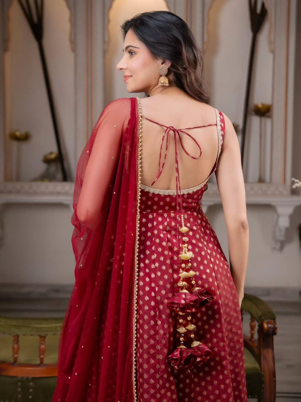 Pearlika Chanderi Jacquard Anarkali Set with Pearl Work Dupatta