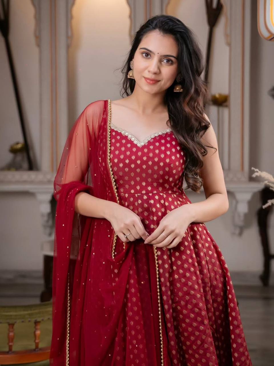 Pearlika Chanderi Jacquard Anarkali Set with Pearl Work Dupatta