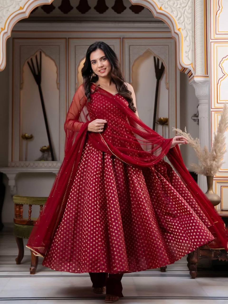 Pearlika Chanderi Jacquard Anarkali Set with Pearl Work Dupatta