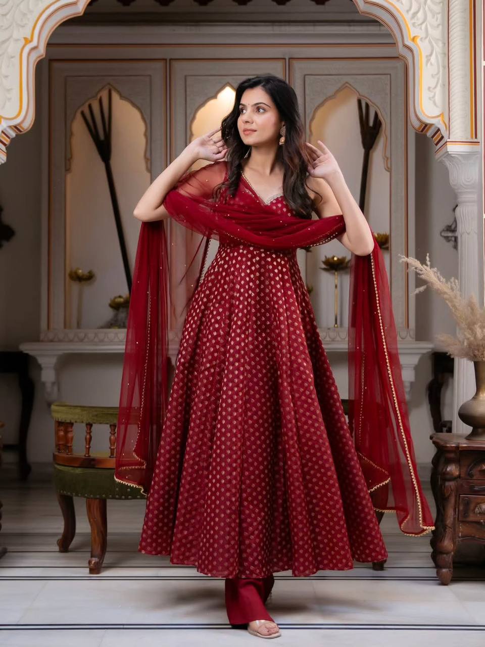 Pearlika Chanderi Jacquard Anarkali Set with Pearl Work Dupatta