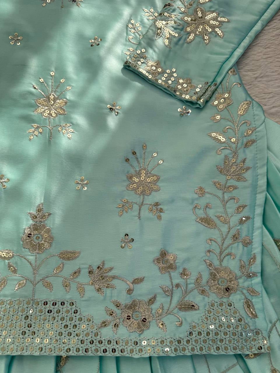Rangmahi Japan Satin Embroidered Lehenga with Top & Dupatta