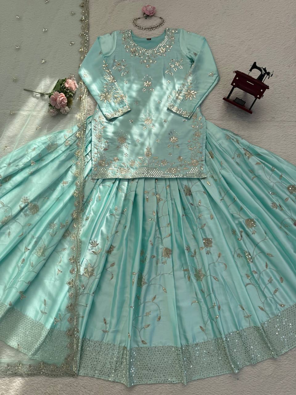 Rangmahi Japan Satin Embroidered Lehenga with Top & Dupatta