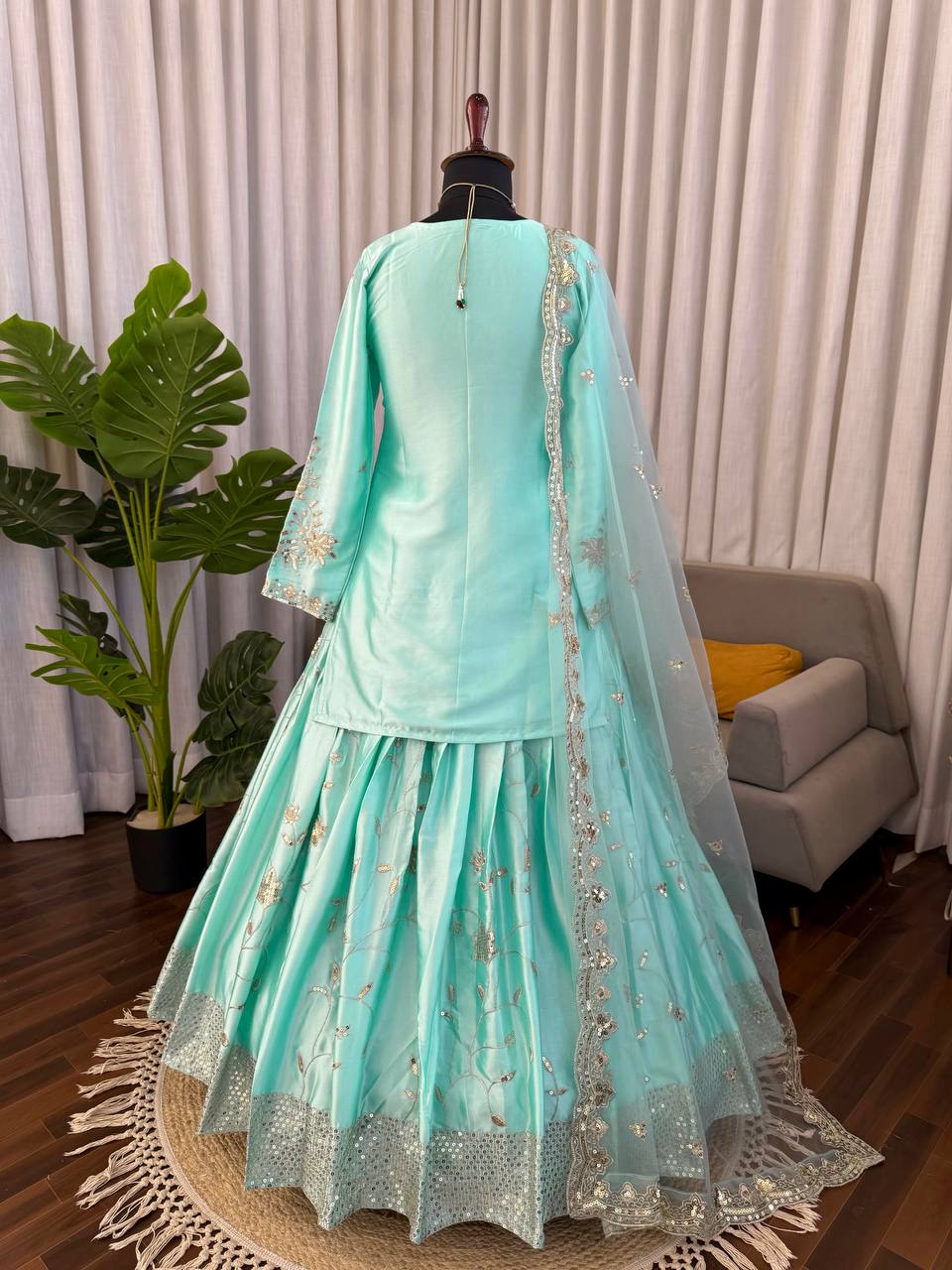 Rangmahi Japan Satin Embroidered Lehenga with Top & Dupatta