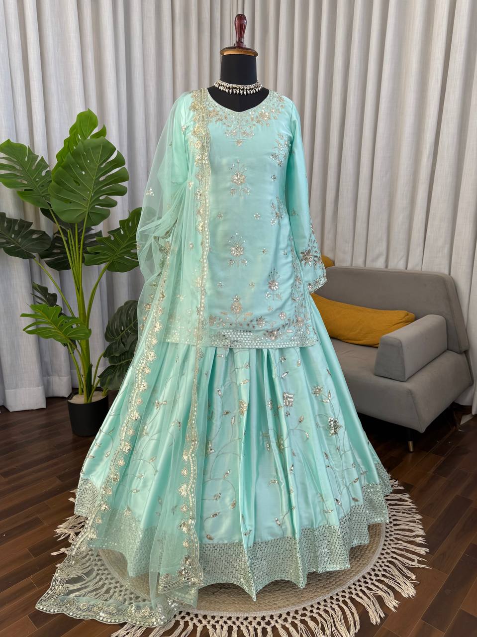 Rangmahi Japan Satin Embroidered Lehenga with Top & Dupatta