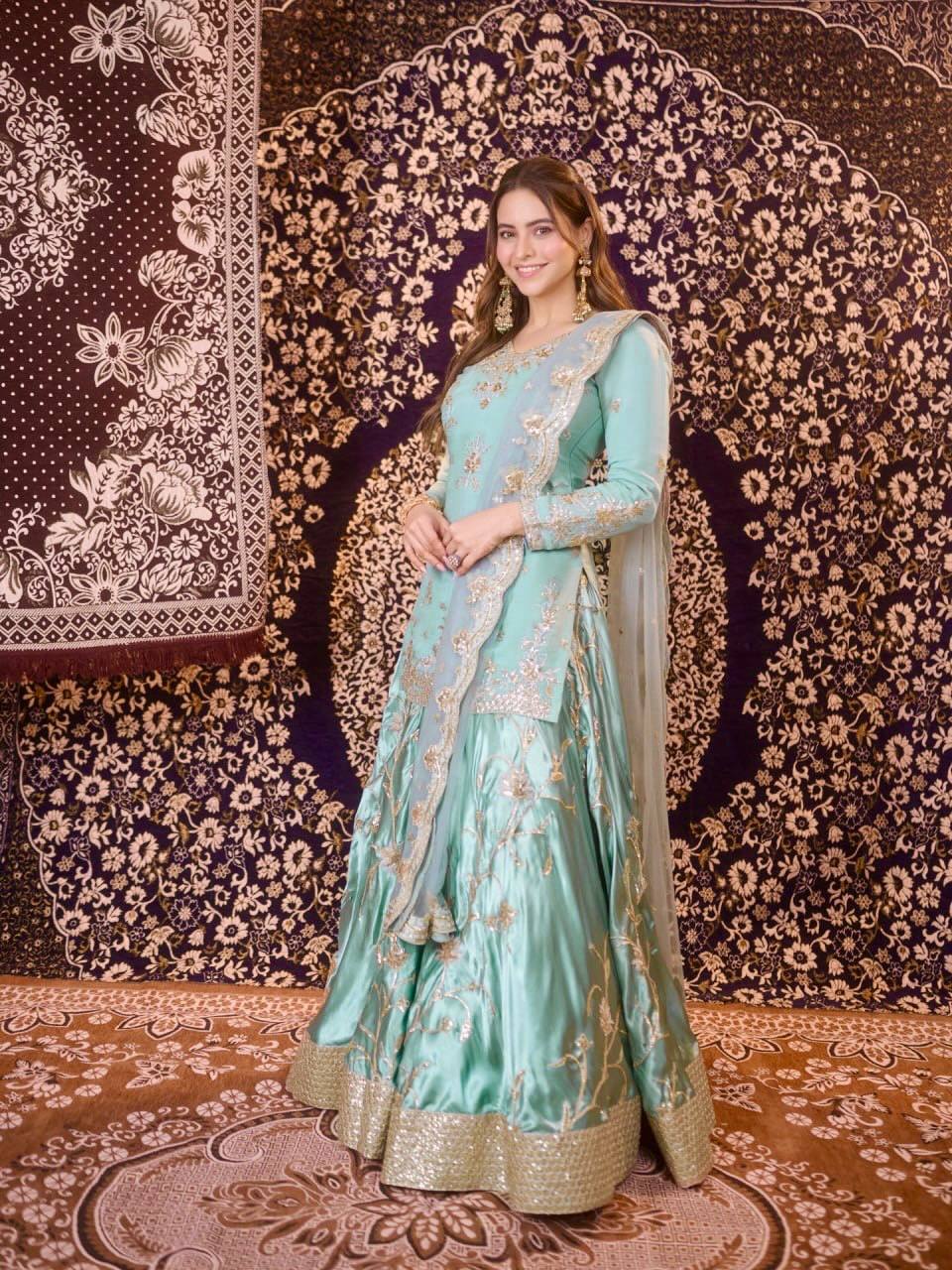 Rangmahi Japan Satin Embroidered Lehenga with Top & Dupatta