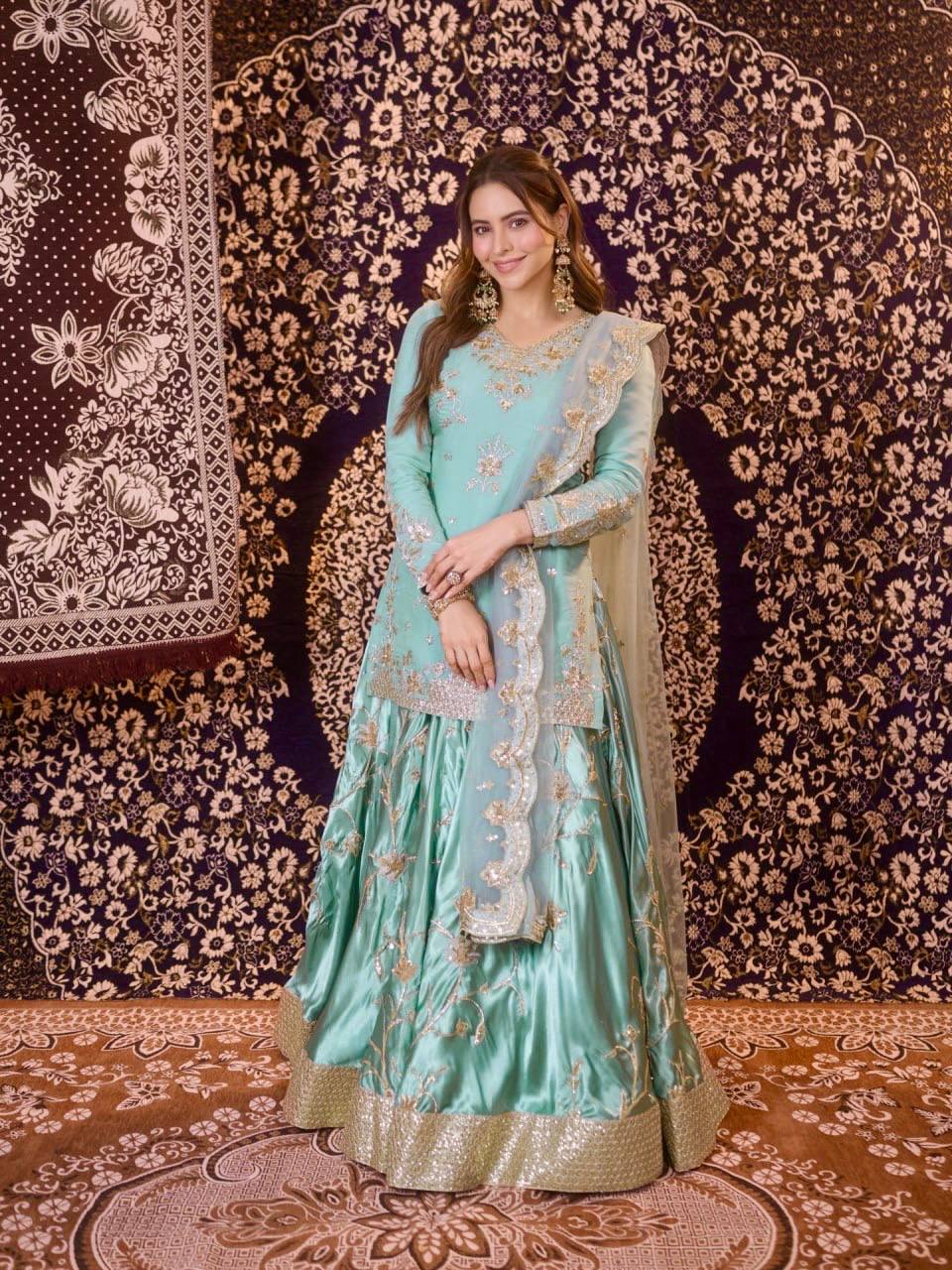 Rangmahi Japan Satin Embroidered Lehenga with Top & Dupatta