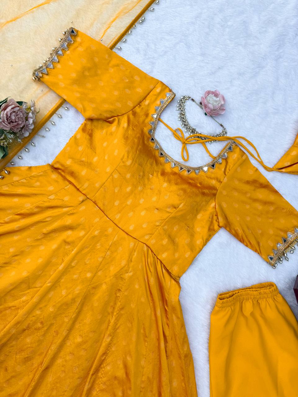 Mrinalini Chanderi Jacquard Mirror Work Anarkali Set with Pant & Dupatta