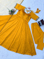 Mrinalini Chanderi Jacquard Mirror Work Anarkali Set with Pant & Dupatta