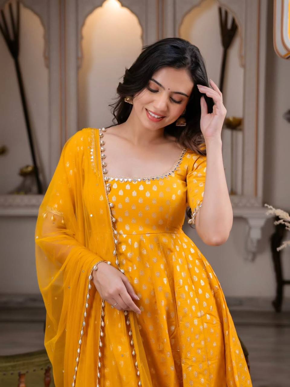 Mrinalini Chanderi Jacquard Mirror Work Anarkali Set with Pant & Dupatta