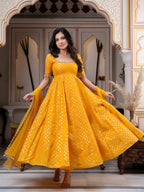 Mrinalini Chanderi Jacquard Mirror Work Anarkali Set with Pant & Dupatta
