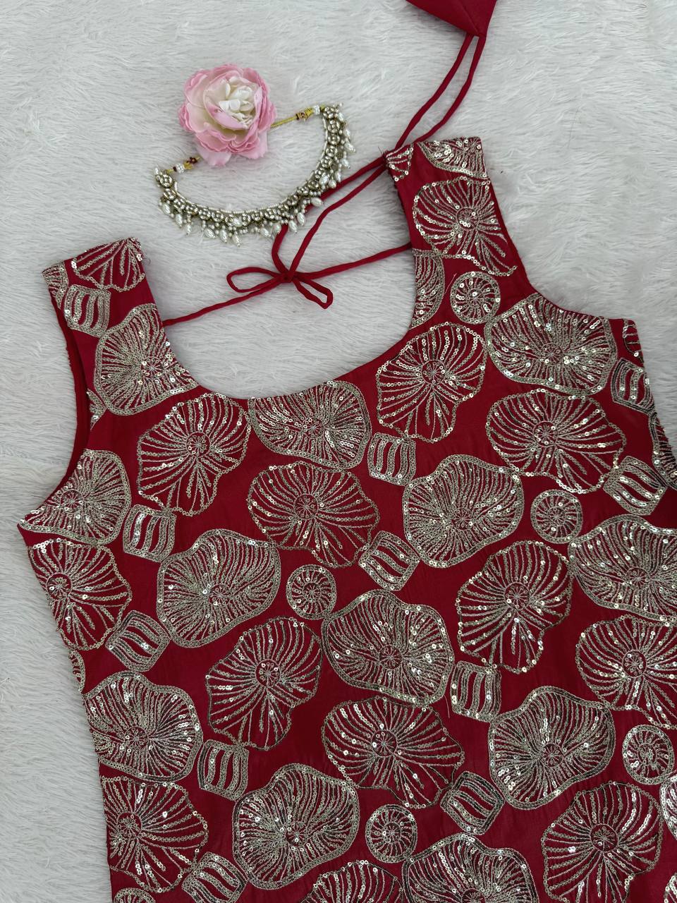 Saanviya Simmer Silk Thread & Sequins Embroidered Kurta Sharara Set with Lace Border Dupatta