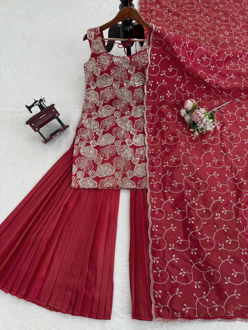 Saanviya Simmer Silk Thread & Sequins Embroidered Kurta Sharara Set with Lace Border Dupatta