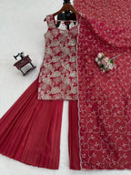Saanviya Simmer Silk Thread & Sequins Embroidered Kurta Sharara Set with Lace Border Dupatta