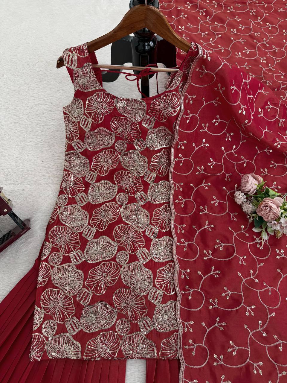 Saanviya Simmer Silk Thread & Sequins Embroidered Kurta Sharara Set with Lace Border Dupatta