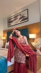 Saanviya Simmer Silk Thread & Sequins Embroidered Kurta Sharara Set with Lace Border Dupatta