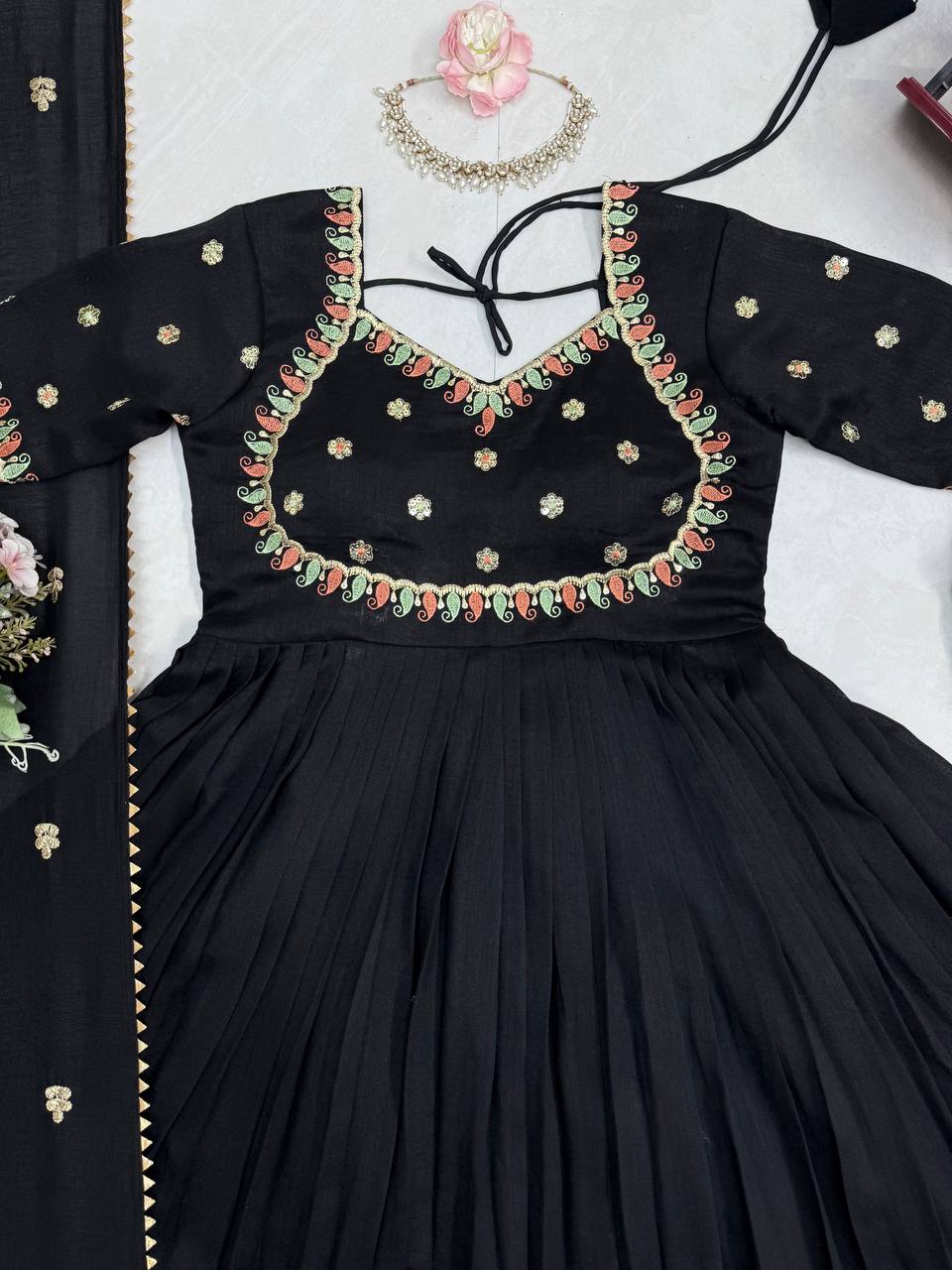 Aarzoi Vichitra Silk Thread & Sequins Embroidered Gown with Pant & Dupatta
