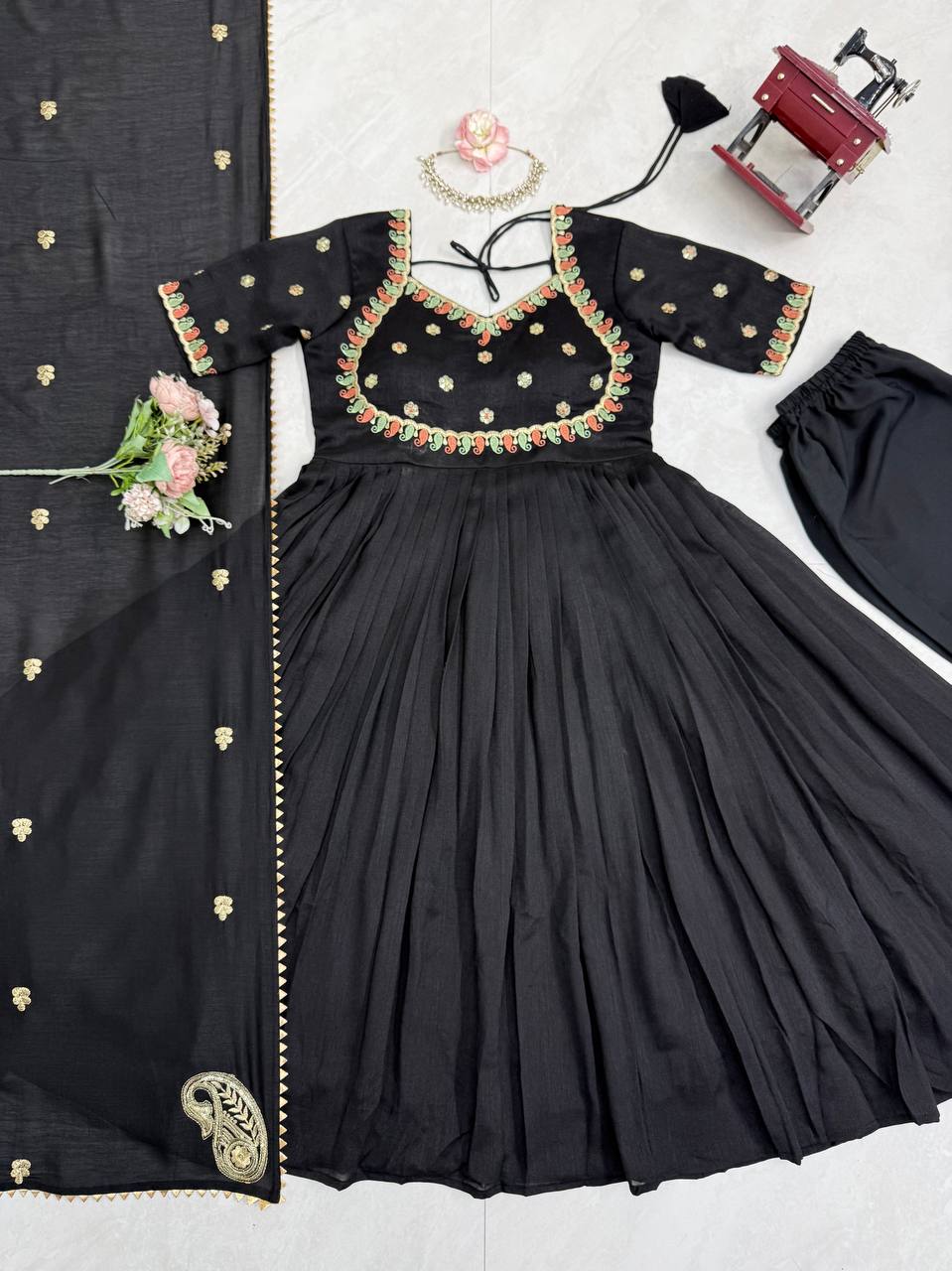Aarzoi Vichitra Silk Thread & Sequins Embroidered Gown with Pant & Dupatta