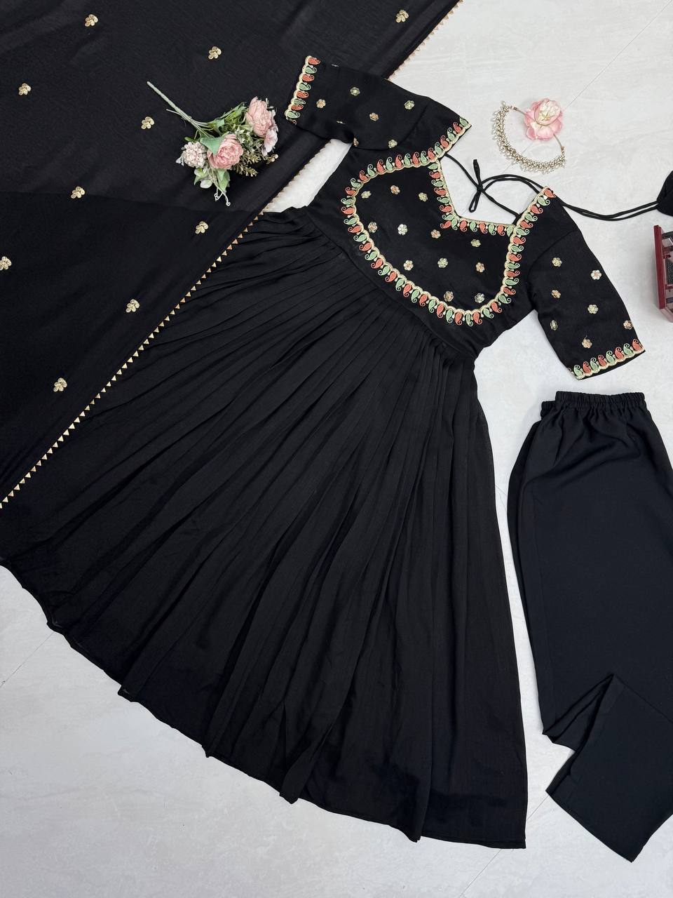 Aarzoi Vichitra Silk Thread & Sequins Embroidered Gown with Pant & Dupatta