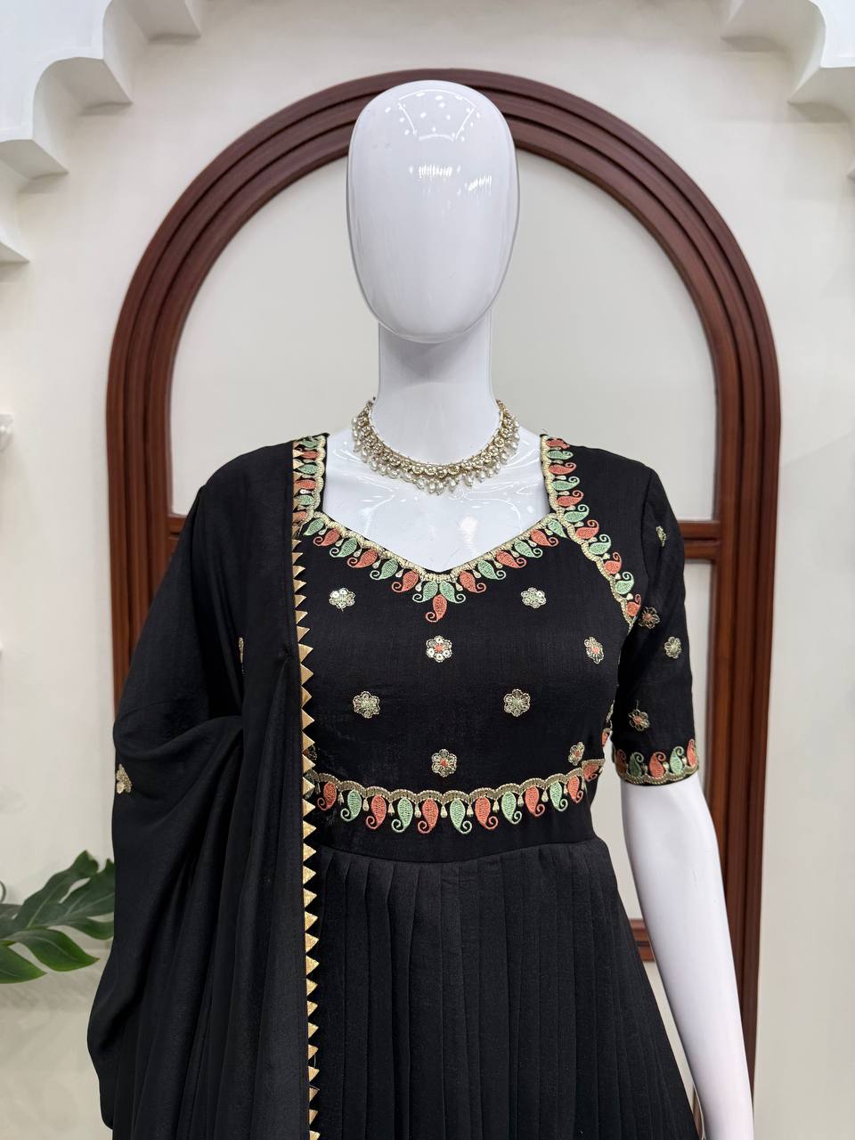Aarzoi Vichitra Silk Thread & Sequins Embroidered Gown with Pant & Dupatta