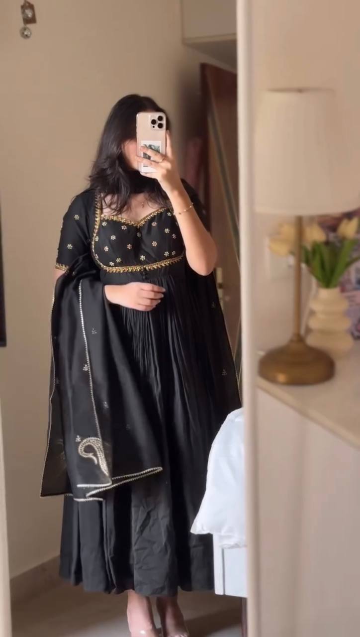 Aarzoi Vichitra Silk Thread & Sequins Embroidered Gown with Pant & Dupatta