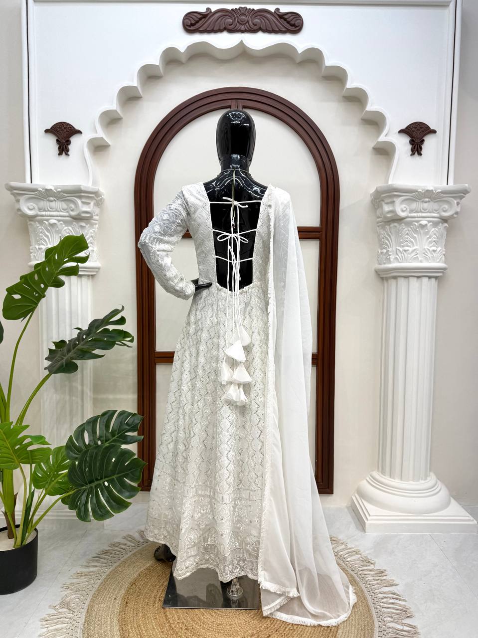 Aabroo Georgette Embroidered Gown with Dupatta & Crepe Silk Pant