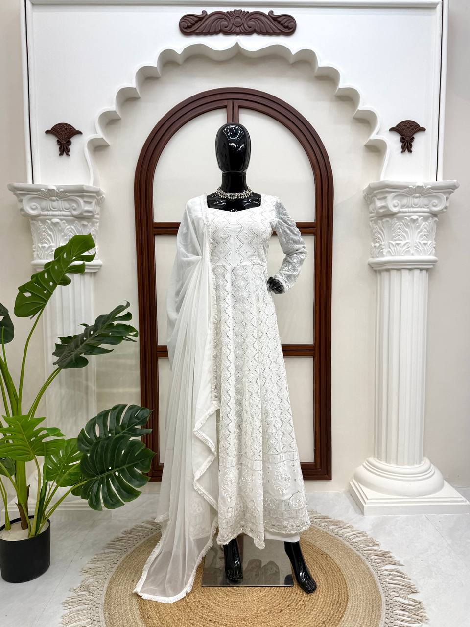 Aabroo Georgette Embroidered Gown with Dupatta & Crepe Silk Pant